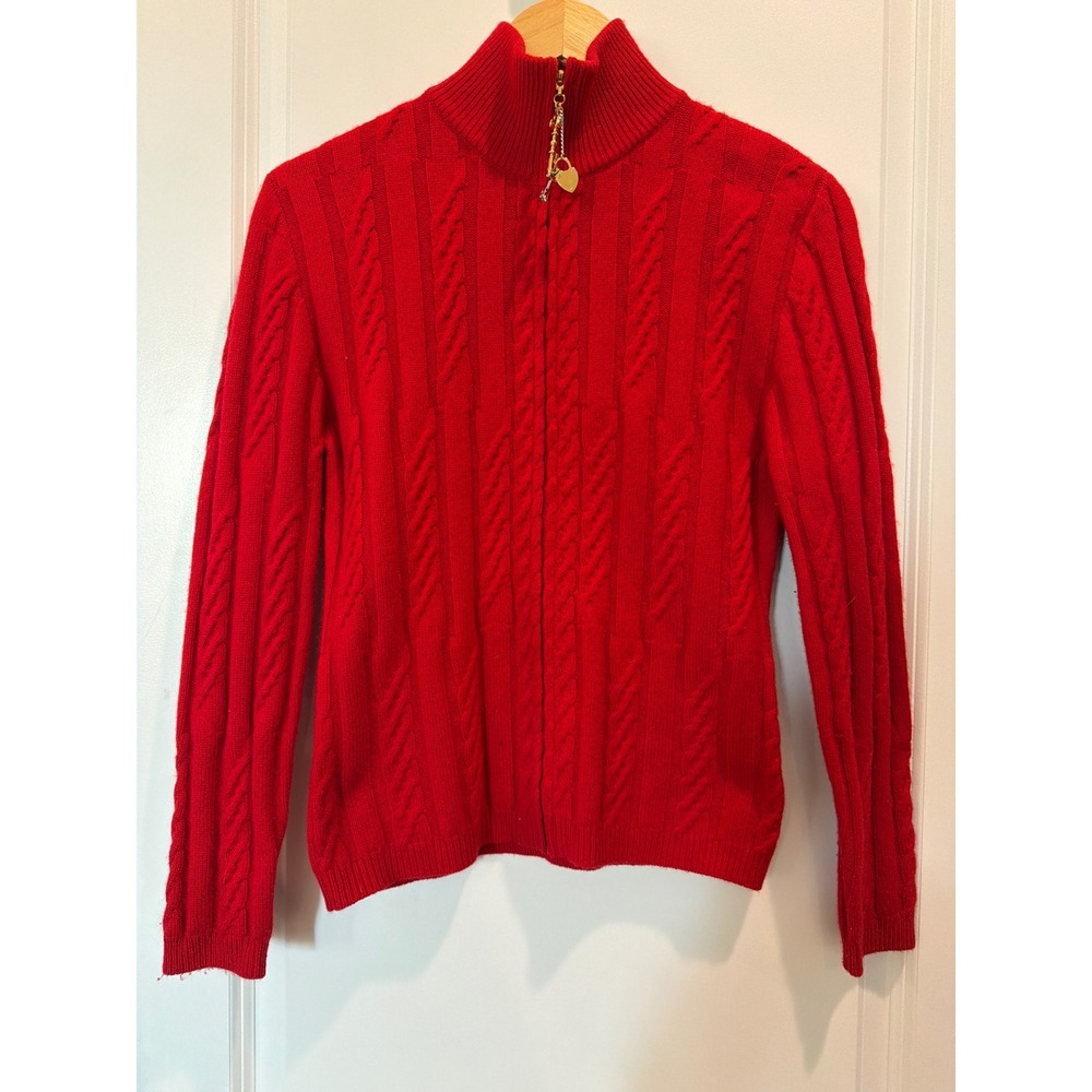 St. John Cashmere Marie Gray Red Cable Knit Zip Cardigan Sweater Charm Pull P